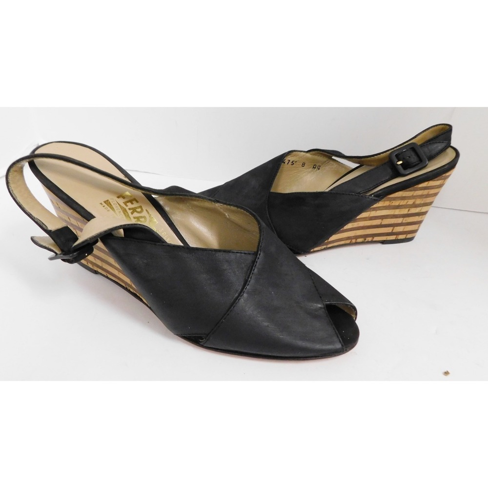 Salvatore Ferragamo Black Leather Cork leather Wedge Sandals 8 AA